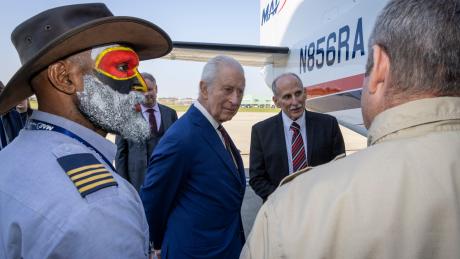 Joseph Tua, King Charles, Dave Fyock and Simon Wunderli in front of the new MAF aircraft