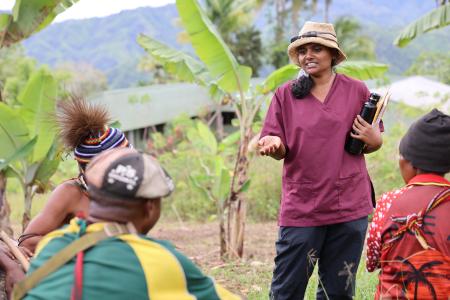 Doctor Camy educating on dental care