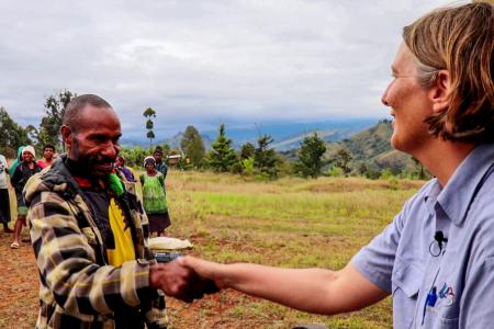 MAF Pilot Glenys Watson meets John boss a few months after John's medevac.