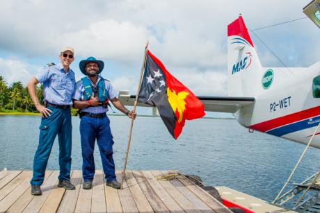 Joseph Tua and Chad Tilley on the floating dock