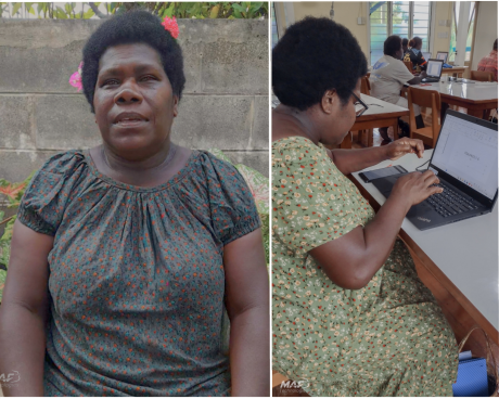 Ps Helen Aron focused on her computer training (side view). 